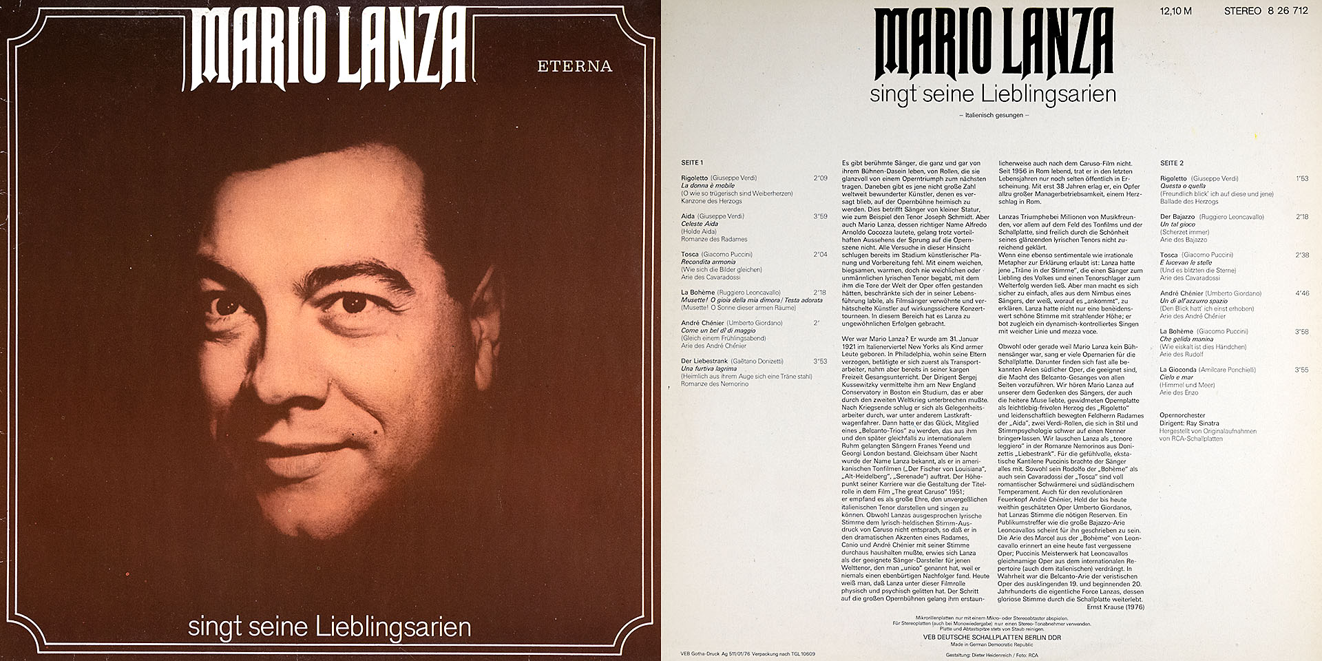 Mario Lanza singt seine Lieblingsarien - Mario Lanza mit verschiedenen Orchestern,  Dirigent  Ray Sinatra